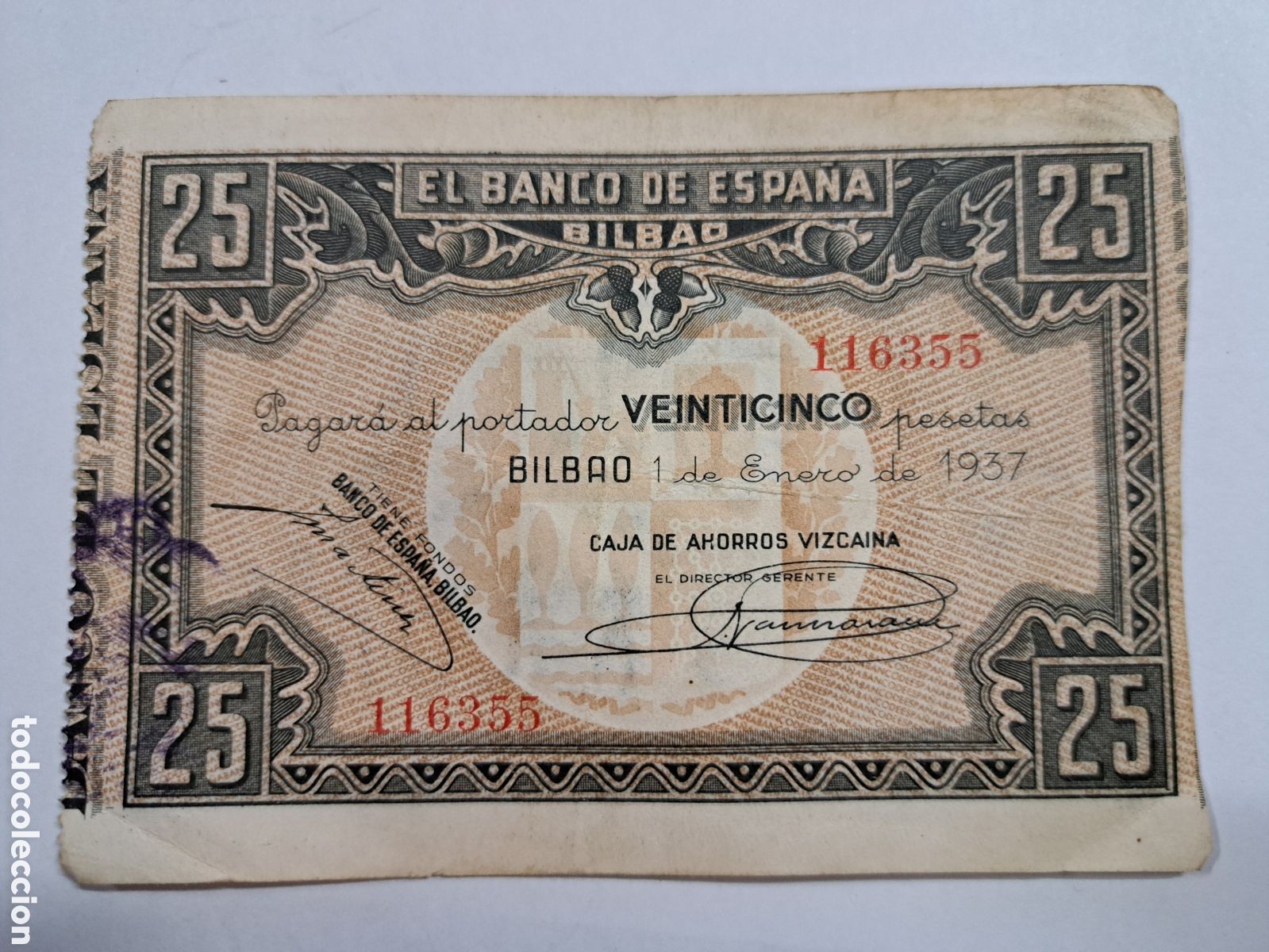 Billetes espa&ntilde;oles: BILLETE GUERRA CIVIL EUZKADI Banco de Espa&ntilde;a Bilbao 1937 - 25 pesetas