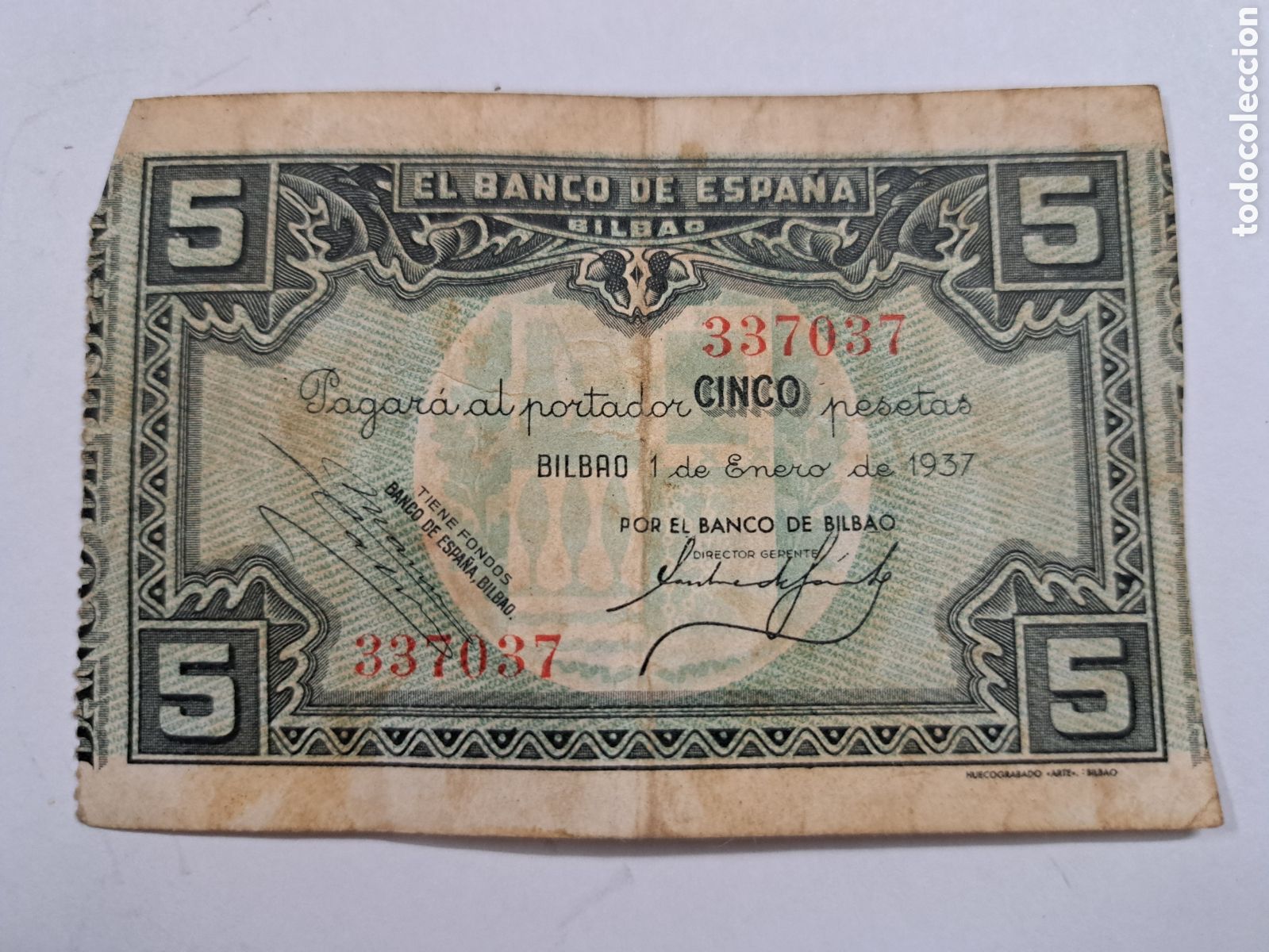 Billetes espa&ntilde;oles: BILLETE GUERRA CIVIL EUZKADI Banco de Espa&ntilde;a Bilbao 1937 - 5 pesetas