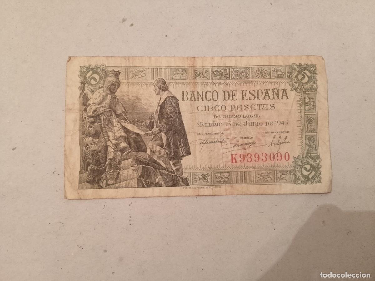 Billetes espa&ntilde;oles: billete 5 pesetas 1945 - Foto 2
