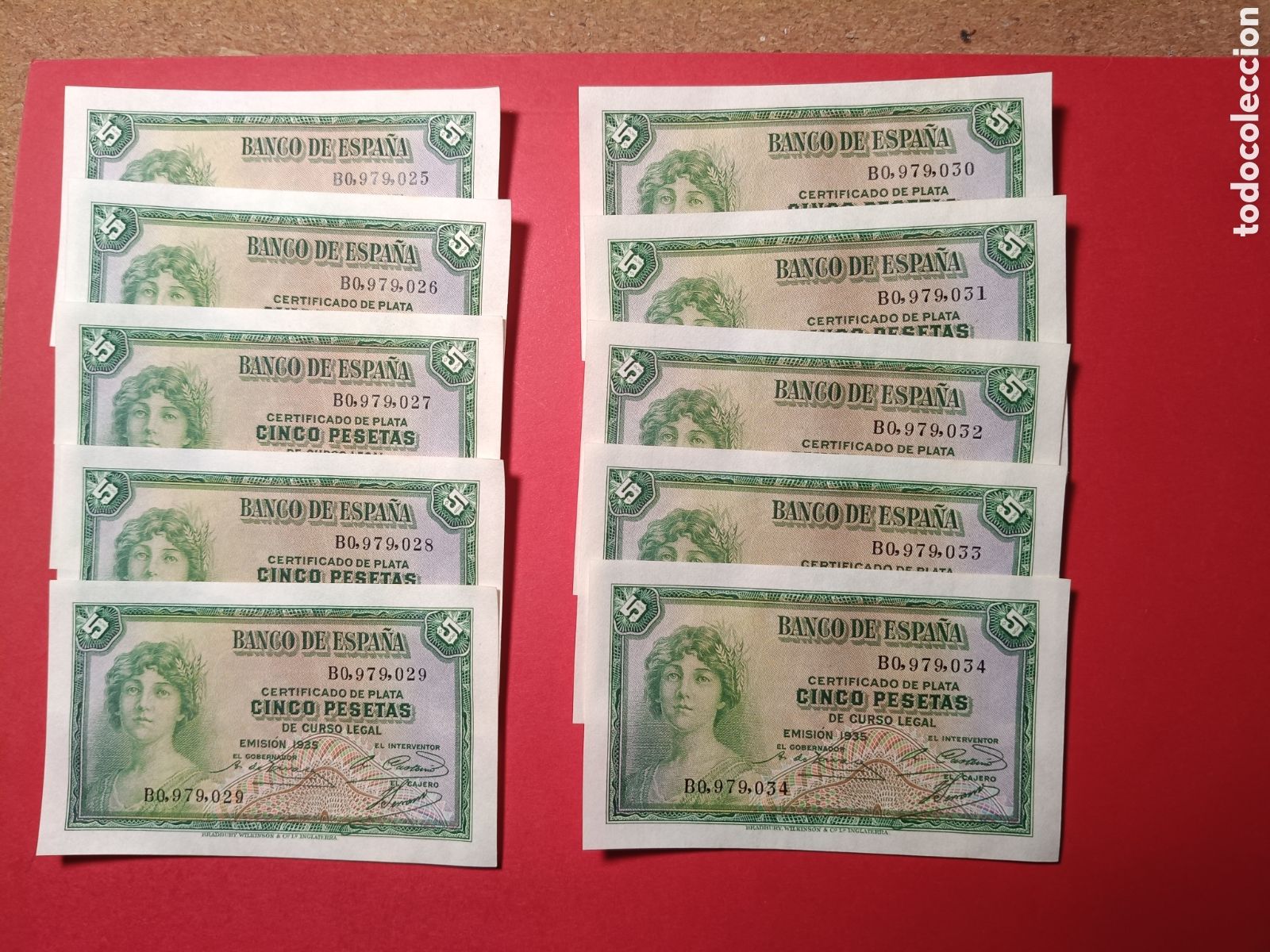 Billetes espa&ntilde;oles: Certificado plata 5 pesetas 1935. Lote 10 CORRELATIVOS