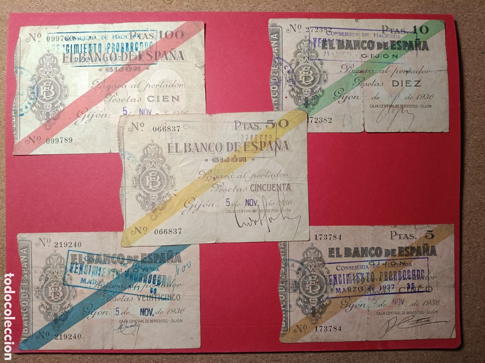 Billetes espa&ntilde;oles: Billetes Gij&oacute;n 1936. SERIE COMPLETA