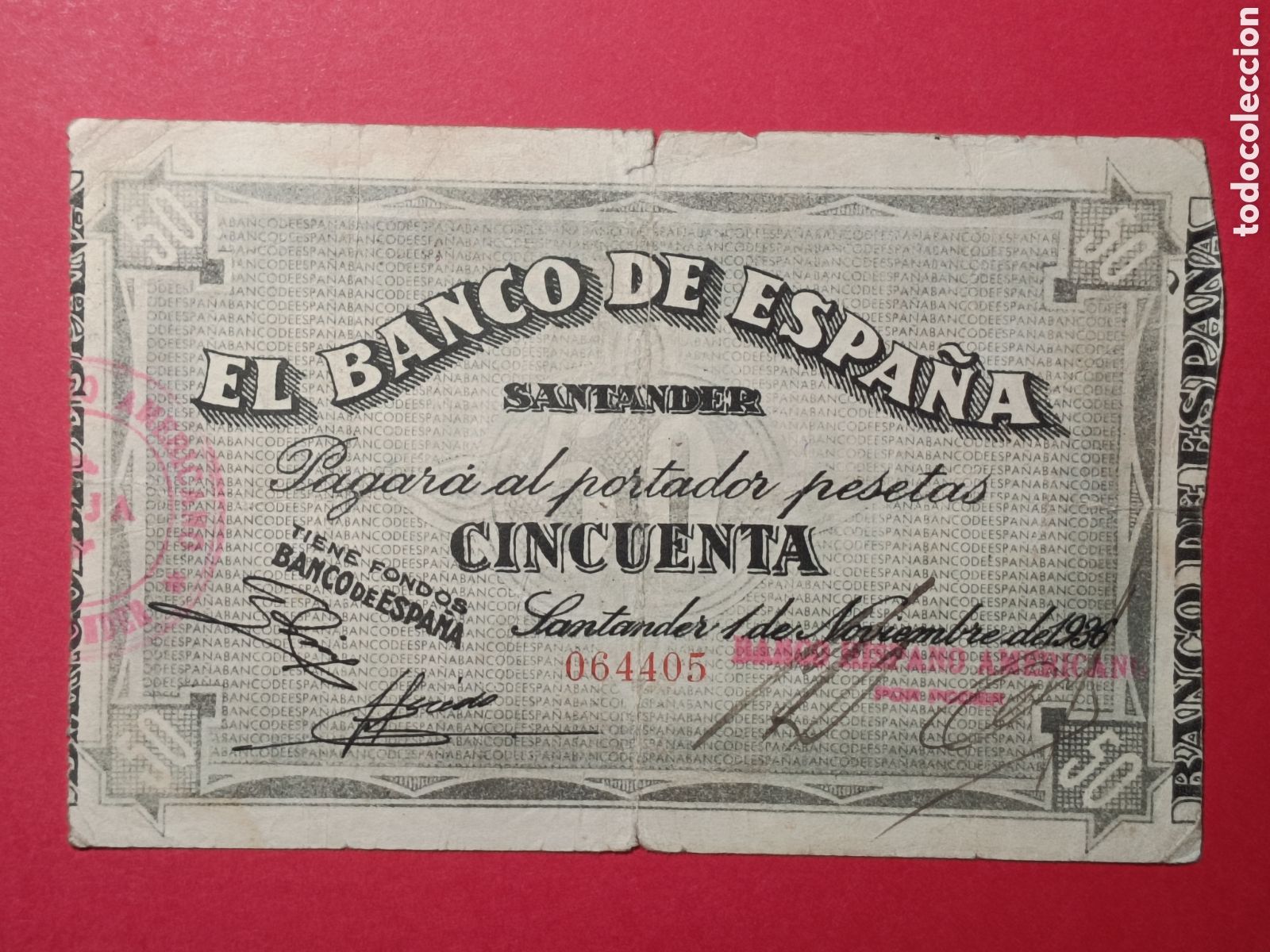 Billetes espa&ntilde;oles: Billete 50 pesetas. Santander 1936. MBC