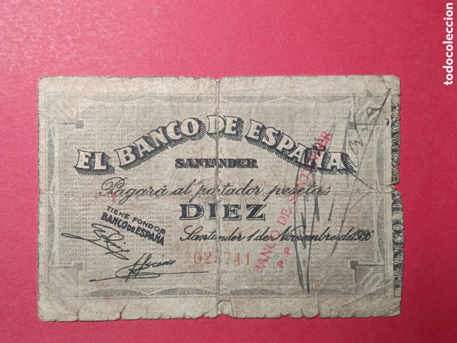 Billetes espa&ntilde;oles: Billete 10 pesetas. Santander 1936