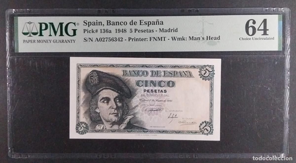 Billetes espa&ntilde;oles: 5 PESETAS 1948 ELCANO SERIE A PMG 64 - Foto 1