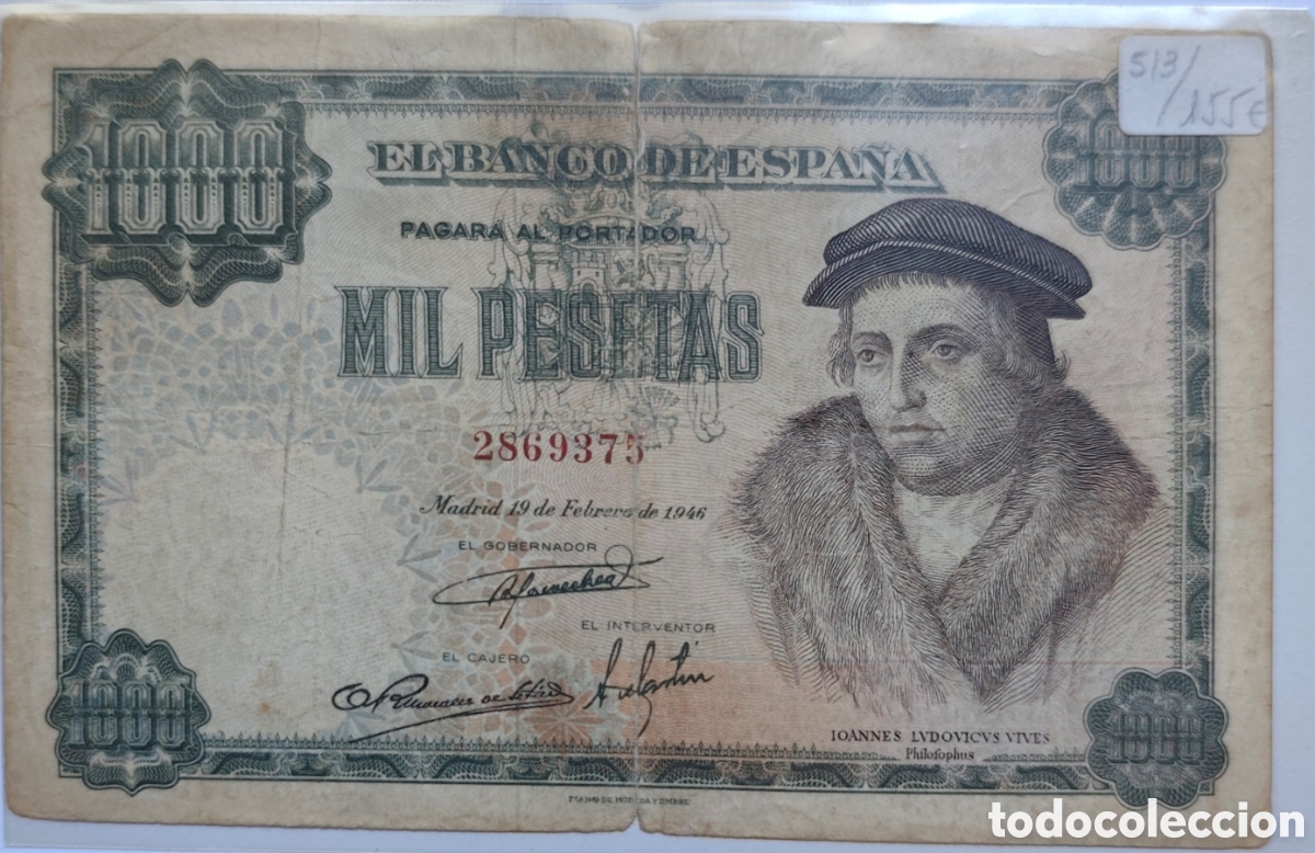 Billetes espa&ntilde;oles: Billete 1000 pesetas A&ntilde;o 1946 A Emisi&oacute;n 19.02.1946 N&uacute;mero 513 MBC Numerp 2869375