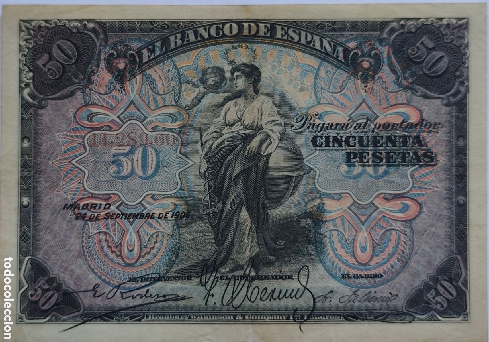 Billetes espa&ntilde;oles: Billete 50 pesetas A&ntilde;o 1906 A Emisi&oacute;n 24.09.1906 N&uacute;mero 317 sin serie