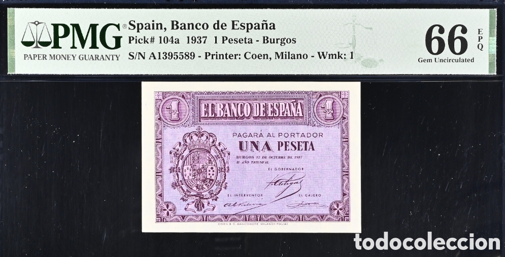 Billetes espa&ntilde;oles: Billete 1 PESETA 1937 -BURGOS- PMG 66 EPQ, serie A