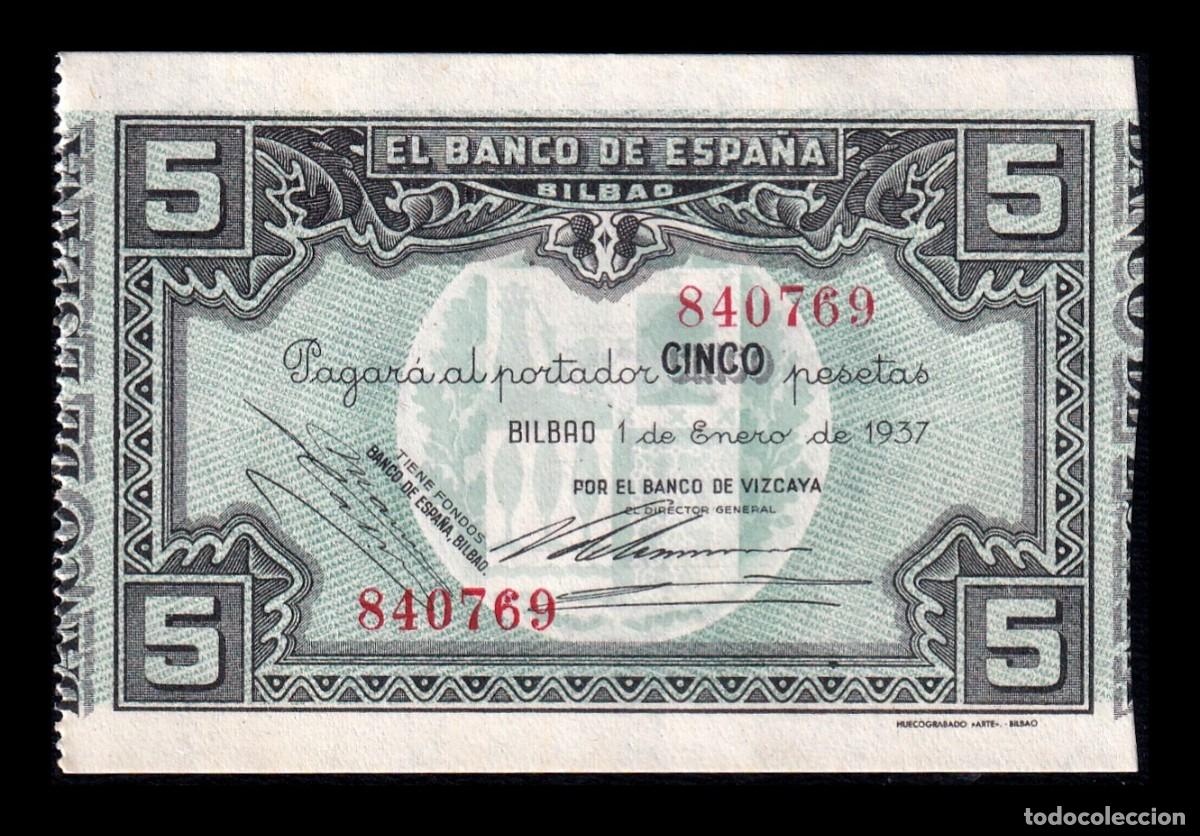 Billetes espa&ntilde;oles: Espa&ntilde;a Guerra Civil Bilbao 5 Pesetas 1937 Pick S561f Sc Unc