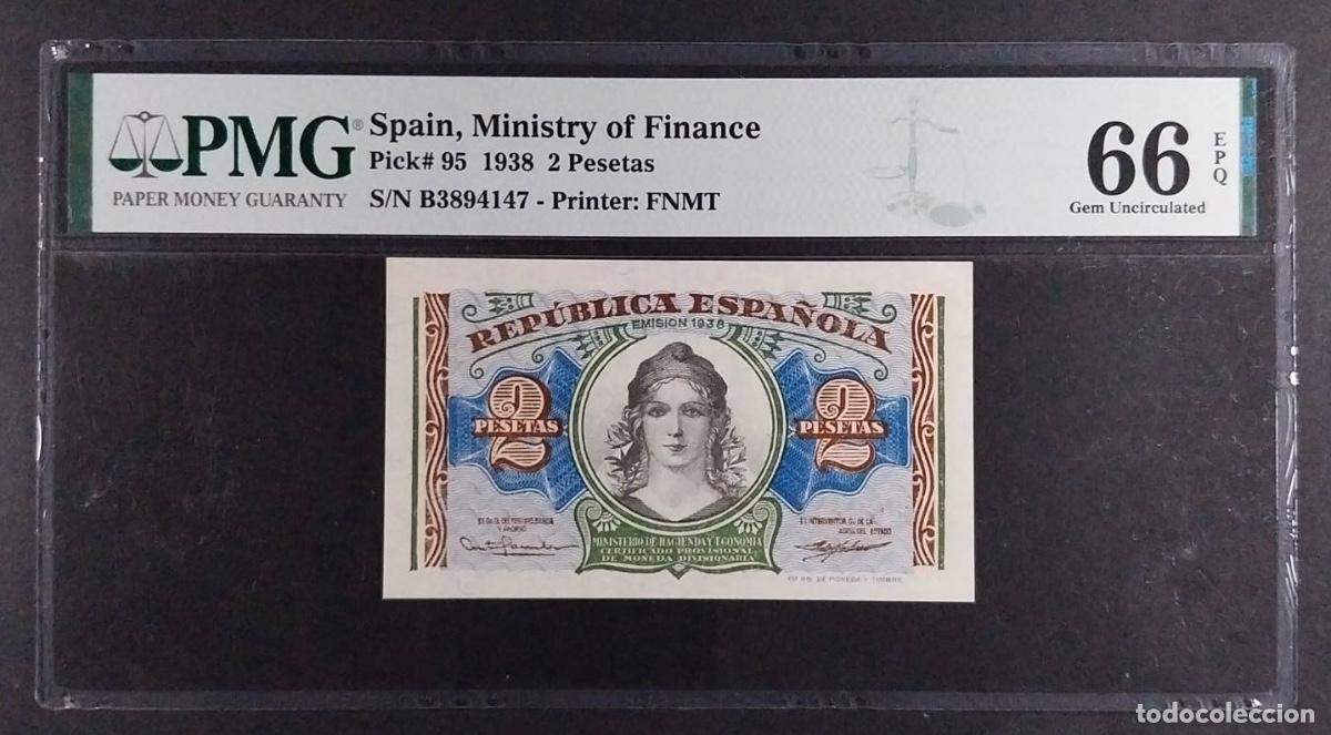 Billetes espa&ntilde;oles: PMG BILLETE DOS PESETAS 1938 SERIE B 66 EPQ PMG