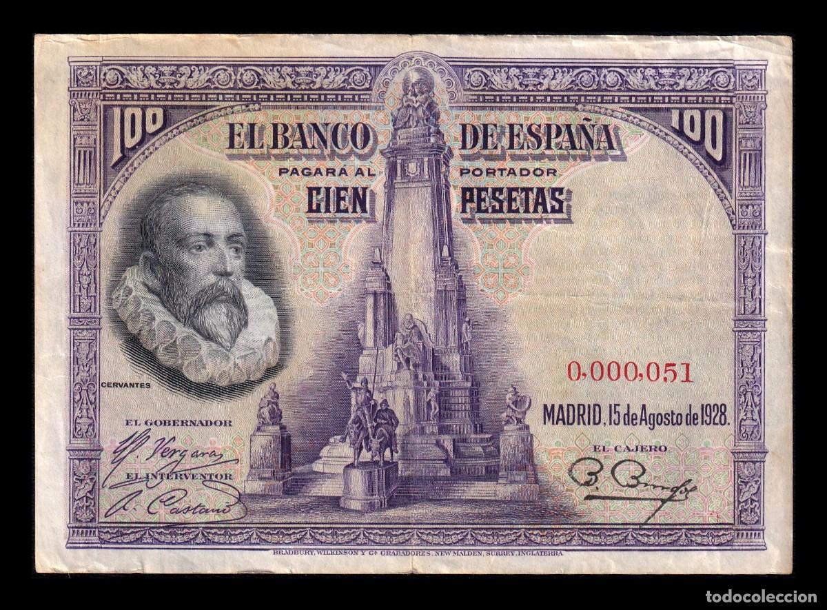 Banconote spagnole: Espa&ntilde;a 100 Pesetas Cervantes 1928 Pick 76 Numeraci&oacute;n baja Mbc Vf