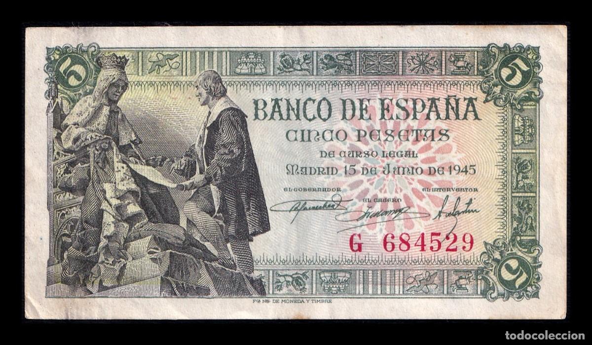 Billetes espa&ntilde;oles: Espa&ntilde;a 5 Pesetas Capitulaciones 1945 Pick 129a Serie G Mbc Vf