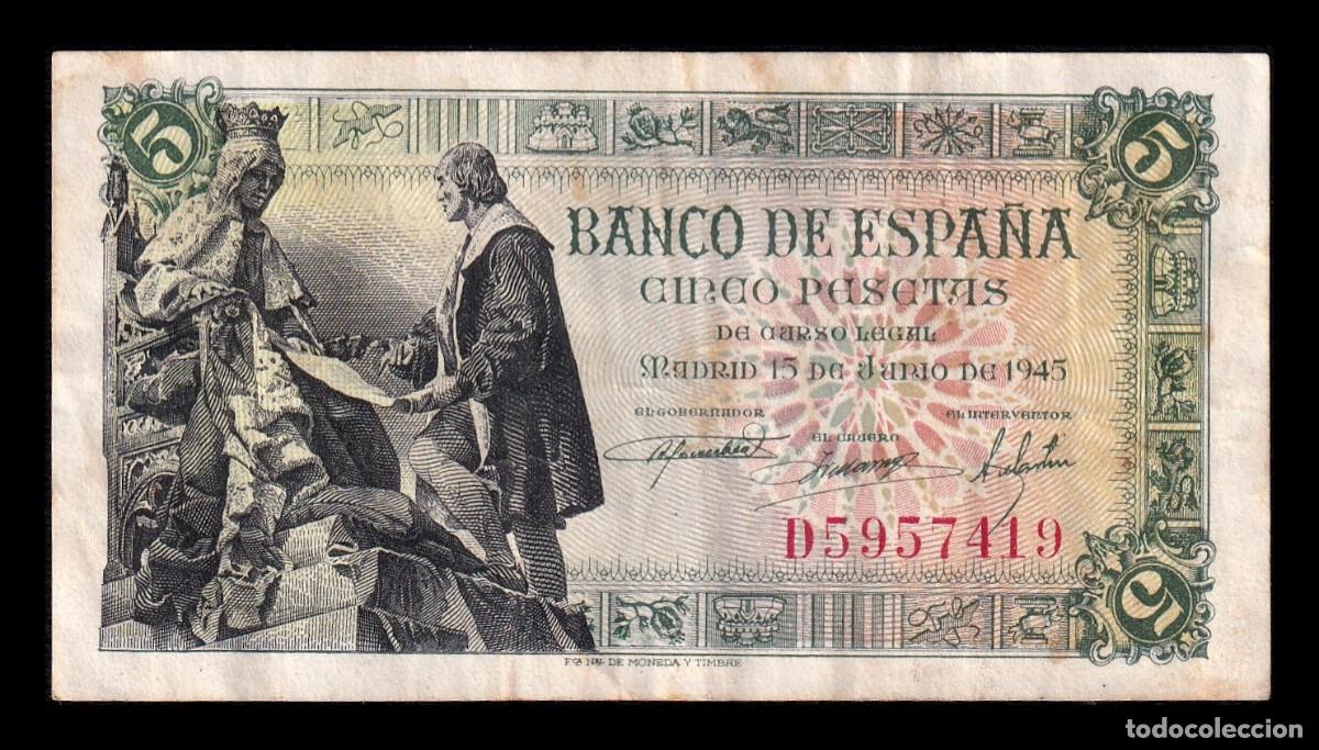 Billetes espa&ntilde;oles: Espa&ntilde;a 5 Pesetas Capitulaciones 1945 Pick 129a Serie D Mbc Vf