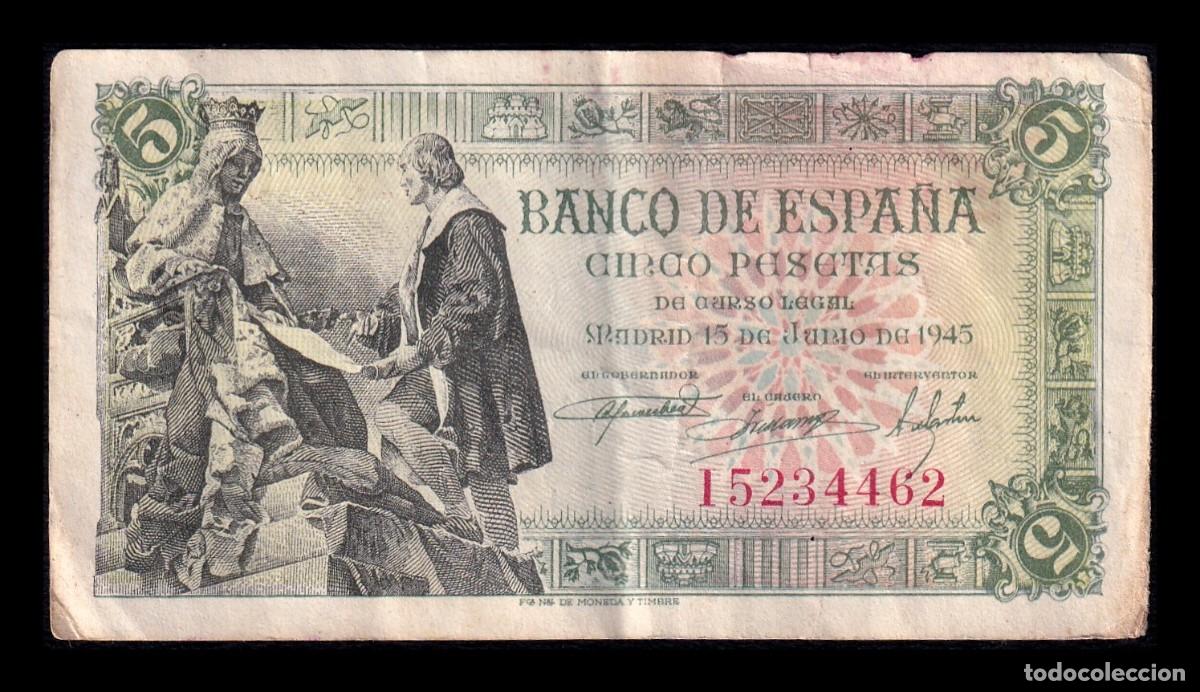 Billetes espa&ntilde;oles: Espa&ntilde;a 5 Pesetas Capitulaciones 1945 Pick 129a Serie I Mbc Vf