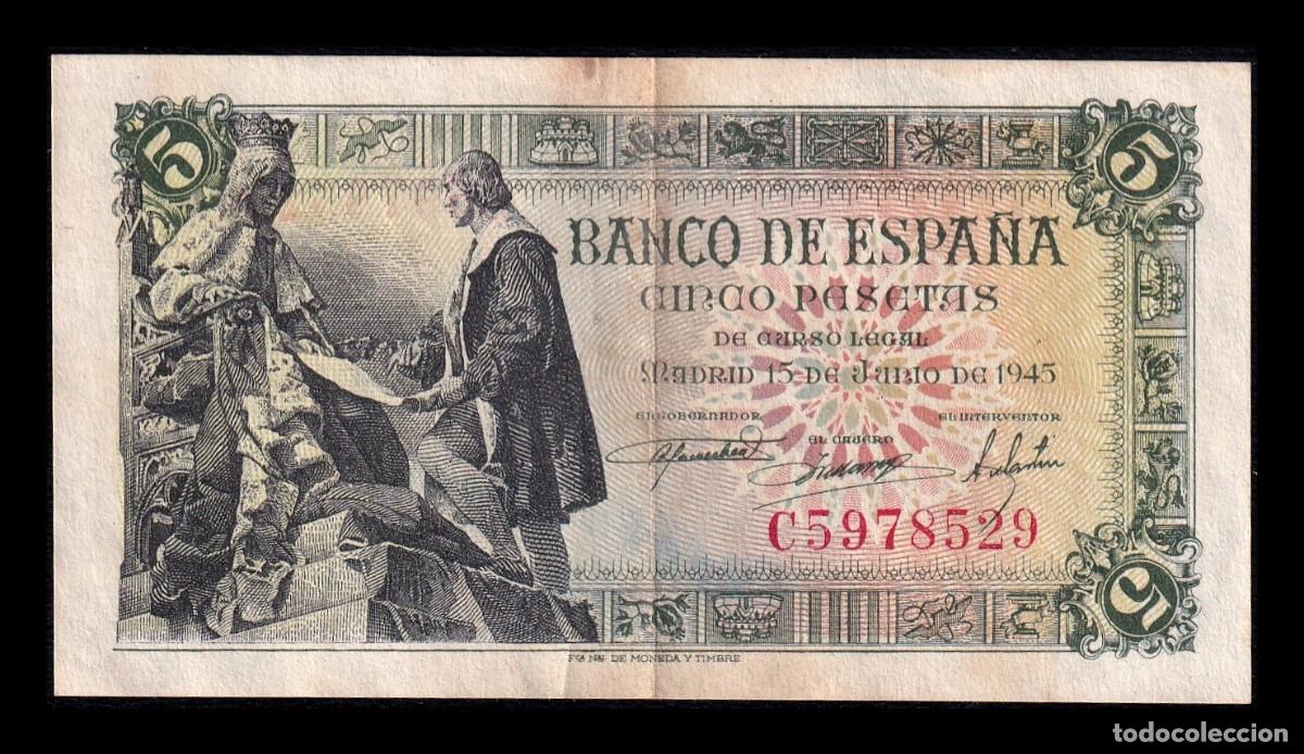 Billetes espa&ntilde;oles: Espa&ntilde;a 5 Pesetas Capitulaciones 1945 Pick 129a Serie C Mbc Vf