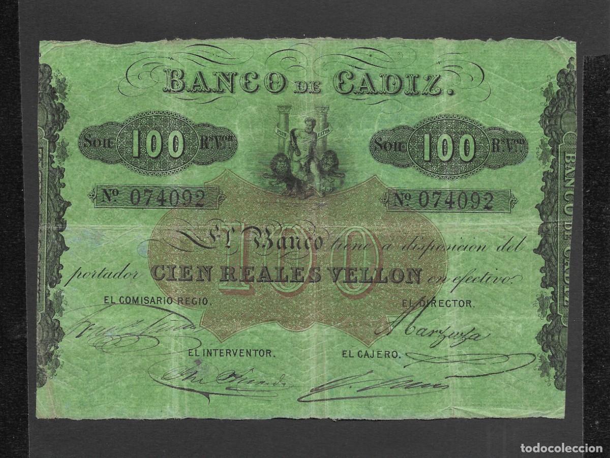 Billetes espa&ntilde;oles: BANCO DE CADIZ 100 REALES VELLON (ND) 3&ordf; EMISI&Oacute;N MBC-