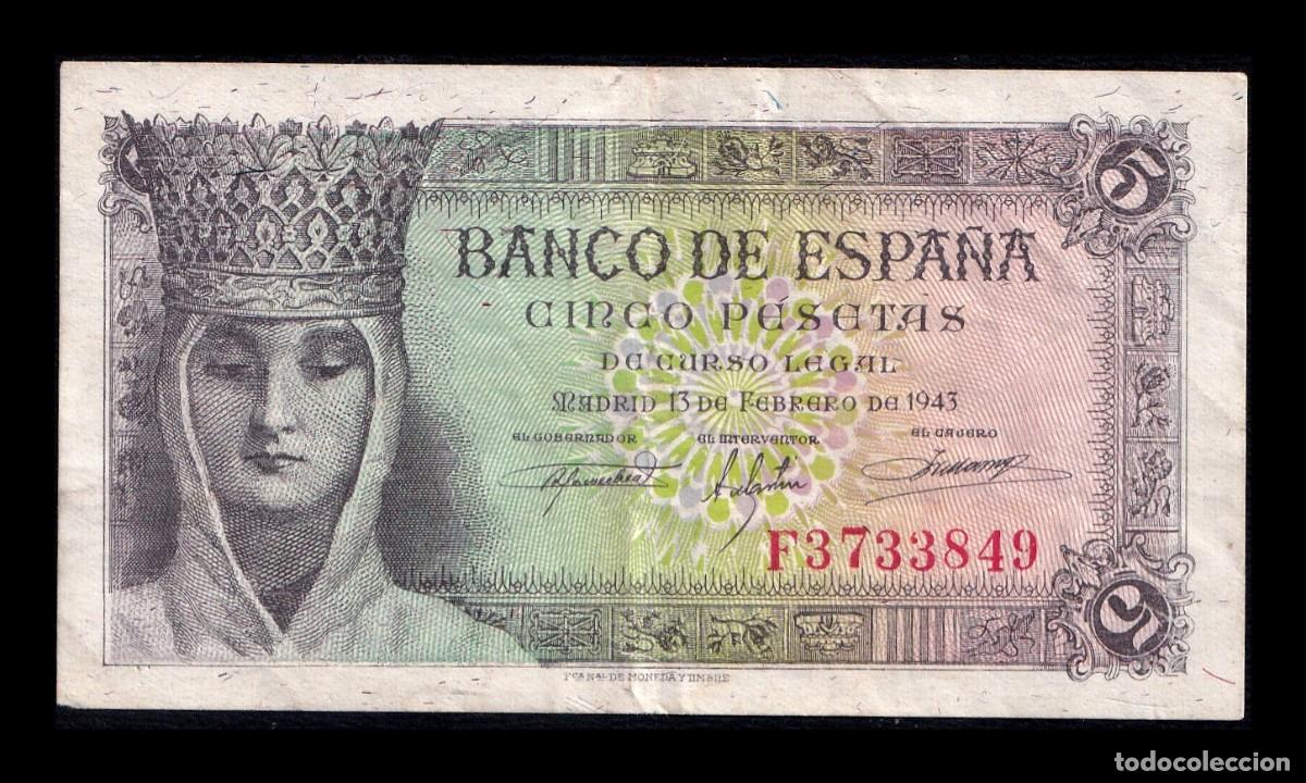 Billetes espa&ntilde;oles: Espa&ntilde;a 5 Pesetas Isabel I de Castilla 1943 Pick 127 Serie F Ebc Xf
