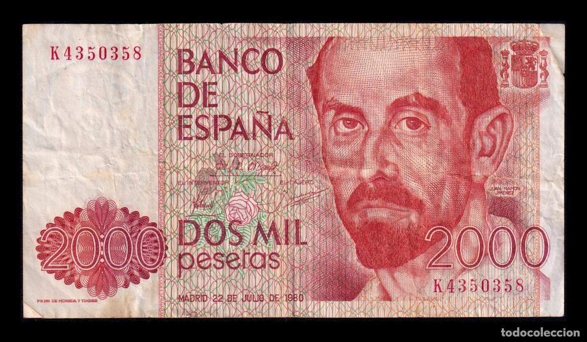Billetes espa&ntilde;oles: Espa&ntilde;a 2000 Pesetas J. Ram&oacute;n Jim&eacute;nez 1980 Pick 159 Serie K Mbc Vf