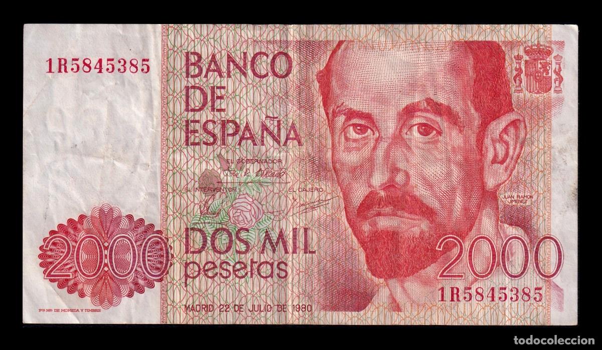 Billetes espa&ntilde;oles: Espa&ntilde;a 2000 Pesetas J. Ram&oacute;n Jim&eacute;nez 1980 Pick 159 Serie K Mbc Vf
