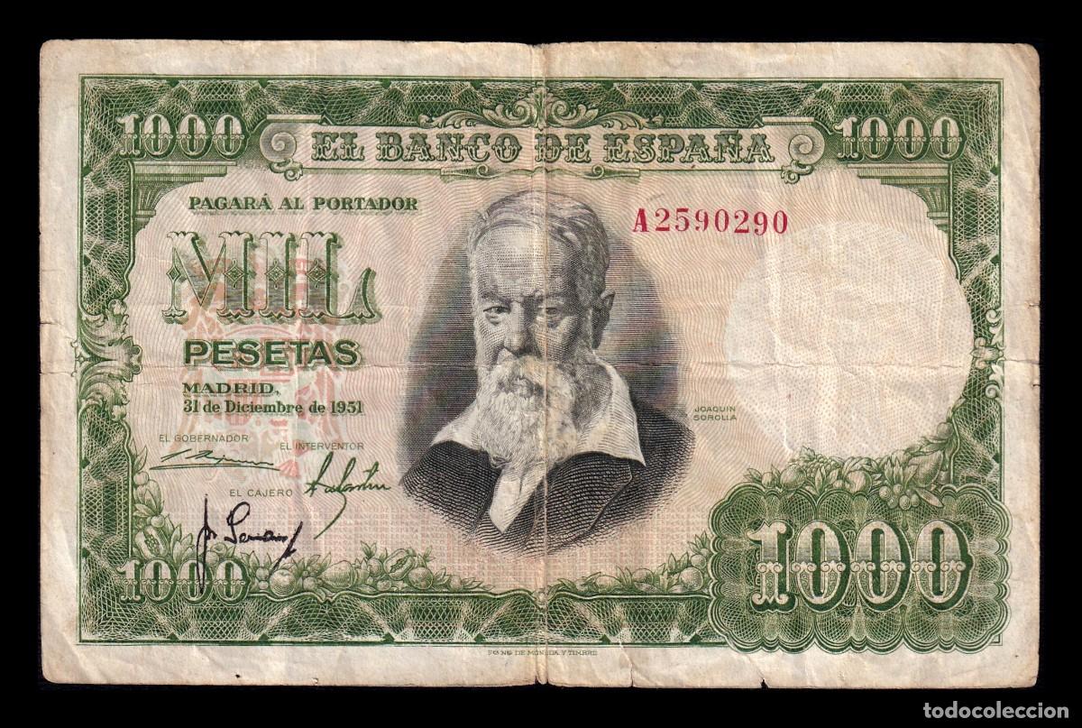 Billetes espa&ntilde;oles: Espa&ntilde;a 1000 Pesetas Joaqu&iacute;n Sorolla 1951 Pick 143 Serie A Bc/Mbc F/Vf