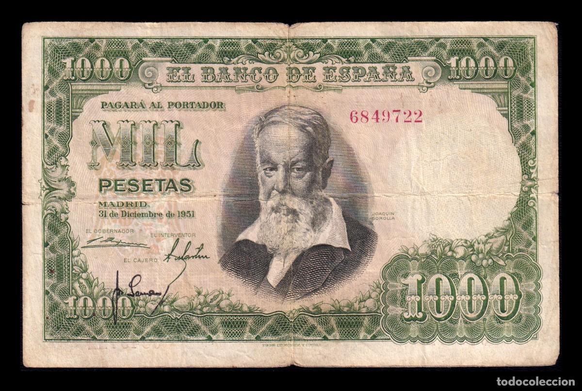 Billetes espa&ntilde;oles: Espa&ntilde;a 1000 Pesetas Joaqu&iacute;n Sorolla 1951 Pick 143 Sin Serie Bc/Mbc F/Vf