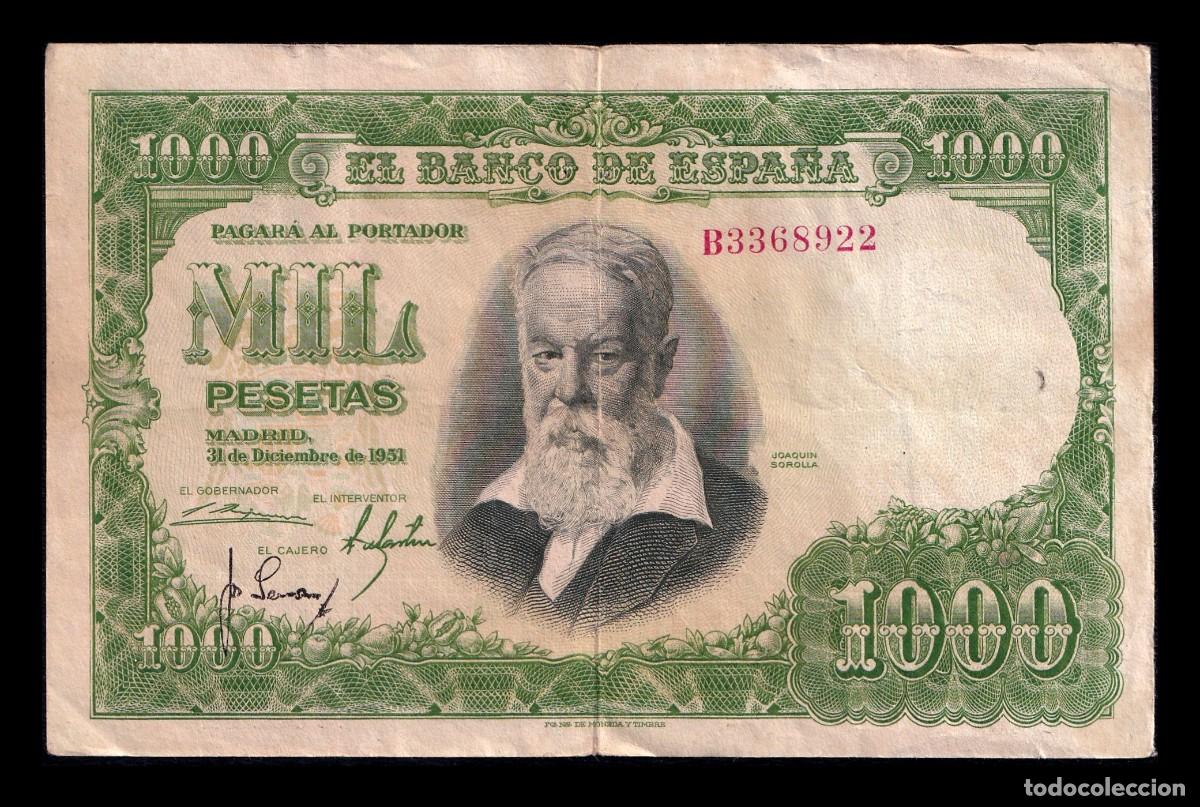 Billetes espa&ntilde;oles: Espa&ntilde;a 1000 Pesetas Joaqu&iacute;n Sorolla 1951 Pick 143 Serie B Bc/Mbc F/Vf