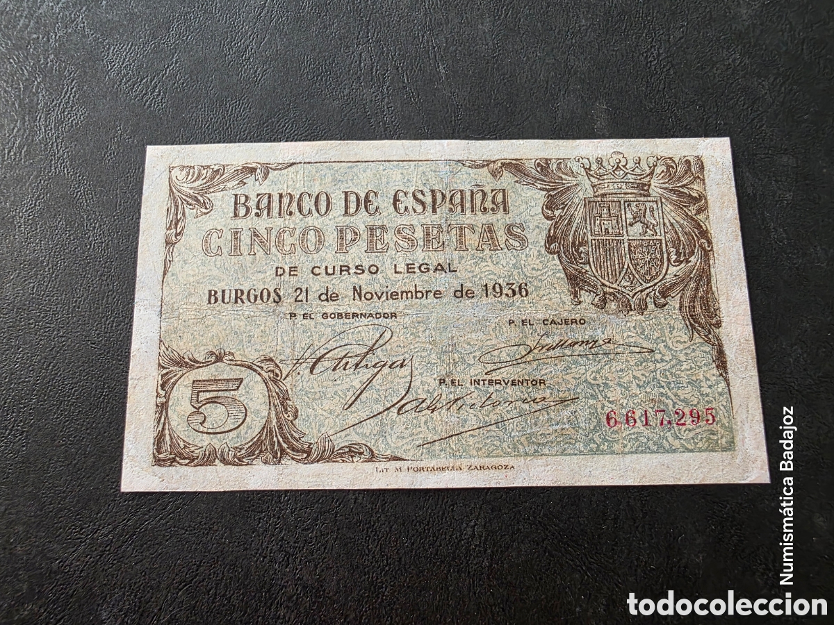 Billetes espa&ntilde;oles: Dificil billete 5 pesetas Burgos 1936 sin serie