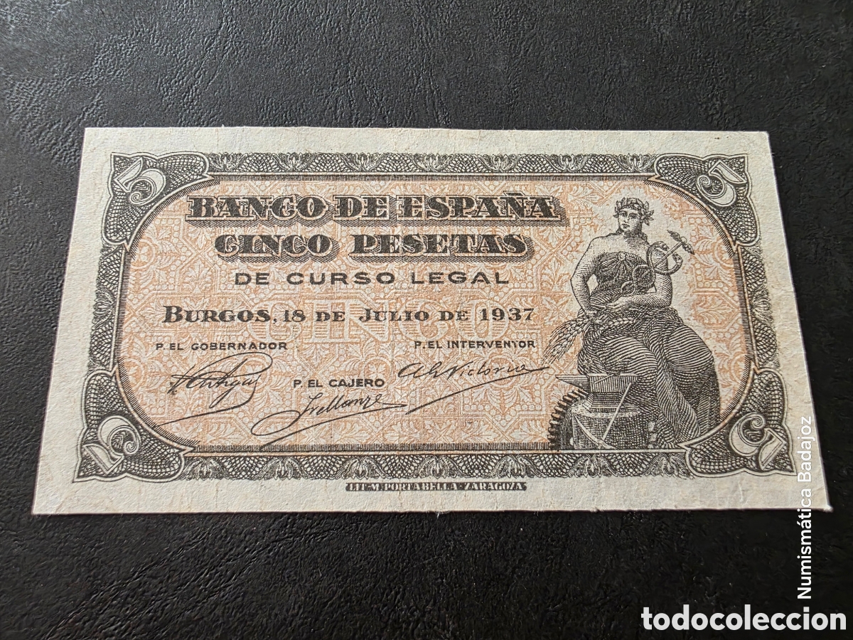 Billetes espa&ntilde;oles: 5 pesetas Burgos 1936 Portabella