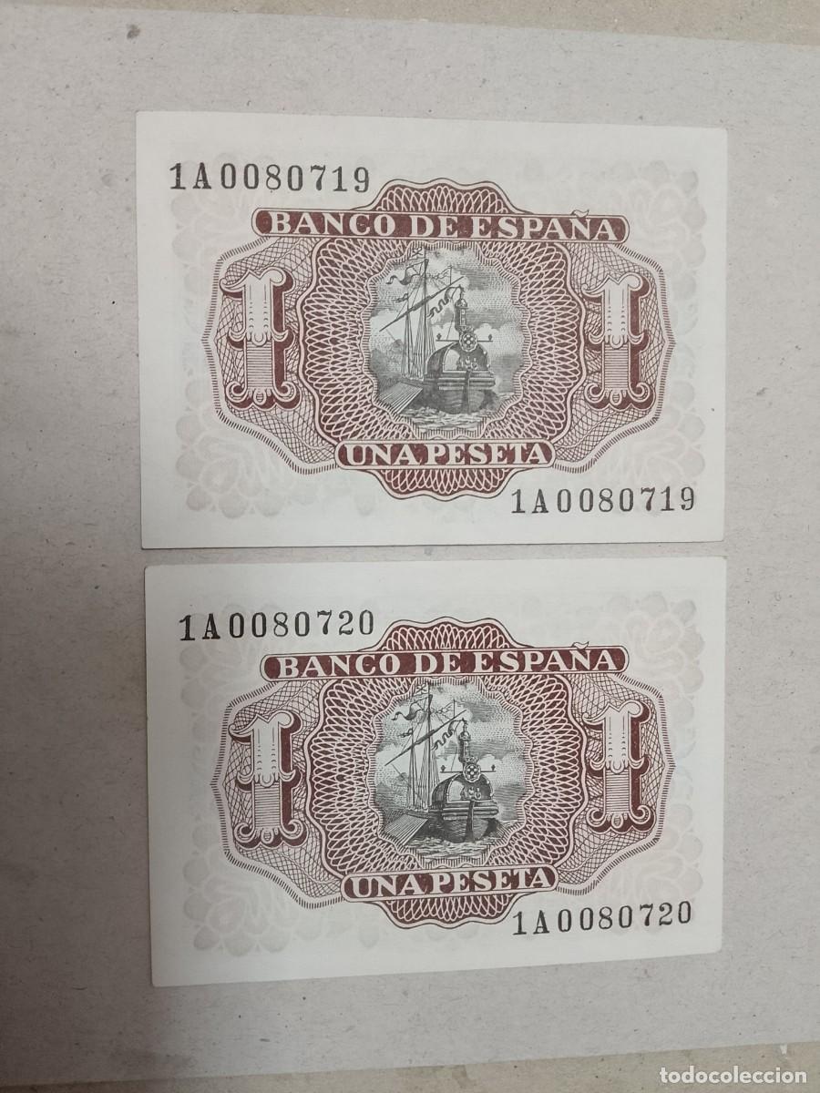 Billetes espa&ntilde;oles: Pareja correlativa, 1 pts 1953 serie 1A0080719/20, letra compuesta, n&uacute;mero bajisimo, sc/plancha
