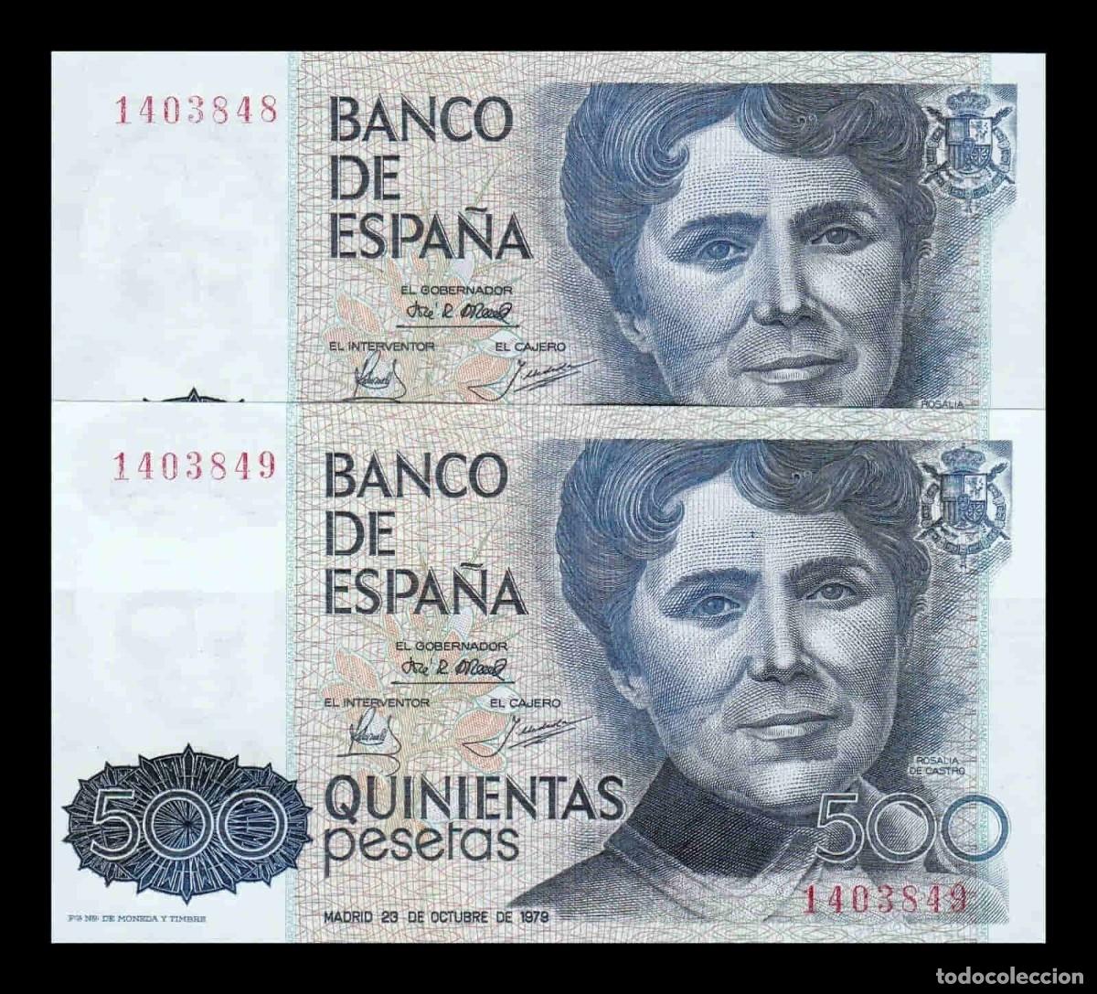 Billetes espa&ntilde;oles: Espa&ntilde;a Pareja Correlativa 500 Pesetas Rosal&iacute;a de Castro 1979 Pick 157 Sin Serie Sc Unc