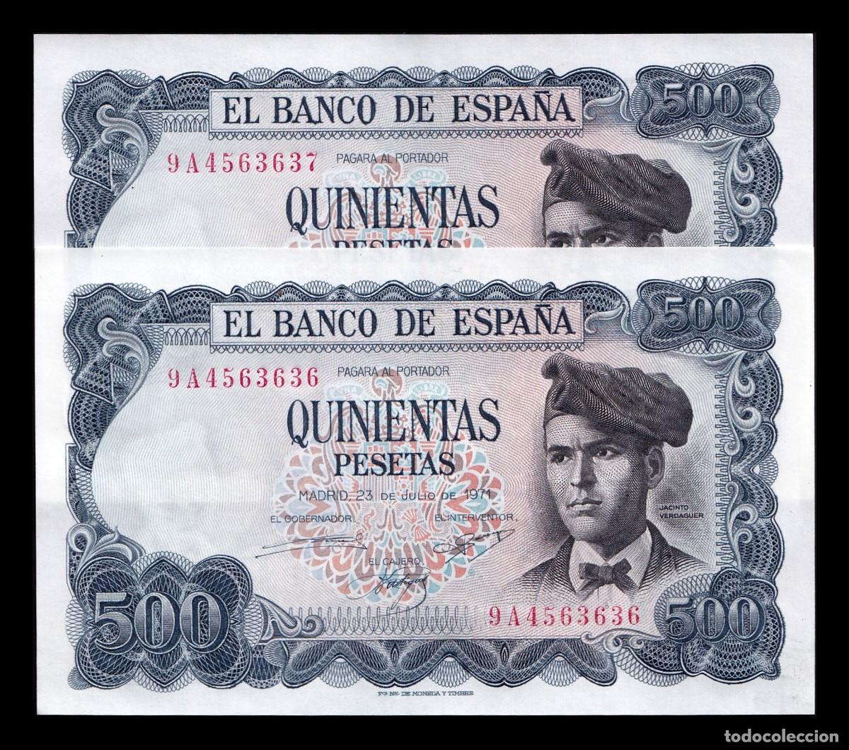 Billetes espa&ntilde;oles: Espa&ntilde;a Pareja Correlativa 500 Pesetas Verdaguer 1971 Pick 153r Reposici&oacute;n Serie 9A Sc Unc
