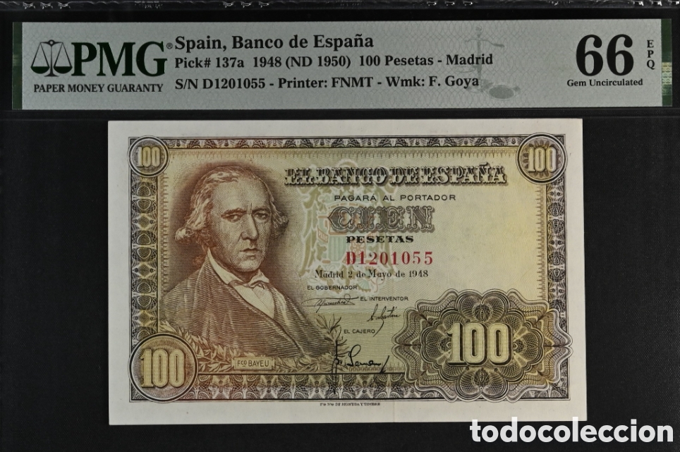 Billetes espa&ntilde;oles: Billete 100 PESETAS 1948 -BAYEU- PMG 66 EPQ, serie D
