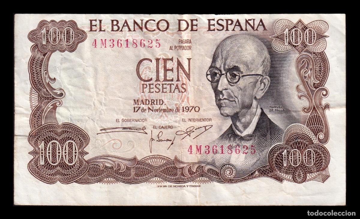 Billetes espa&ntilde;oles: Espa&ntilde;a 100 Pesetas Manuel de Falla 1970 Pick 152 Serie 4M Error de impresi&oacute;n Mbc Vf