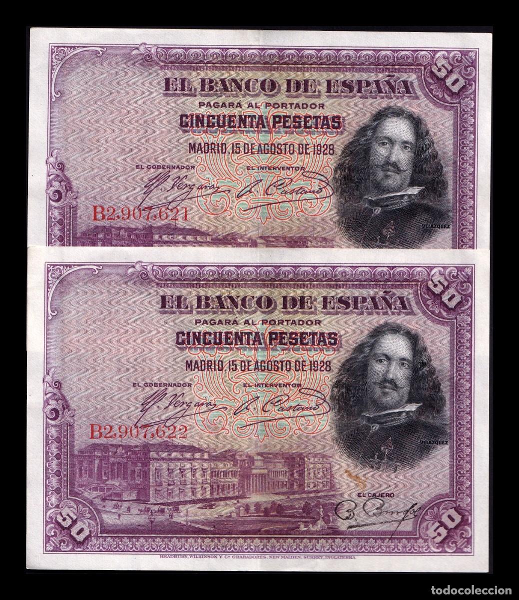 Billetes espa&ntilde;oles: Espa&ntilde;a Pareja Correlativa 50 Pesetas Vel&aacute;zquez 1928 Pick 75 Serie B Ebc Xf