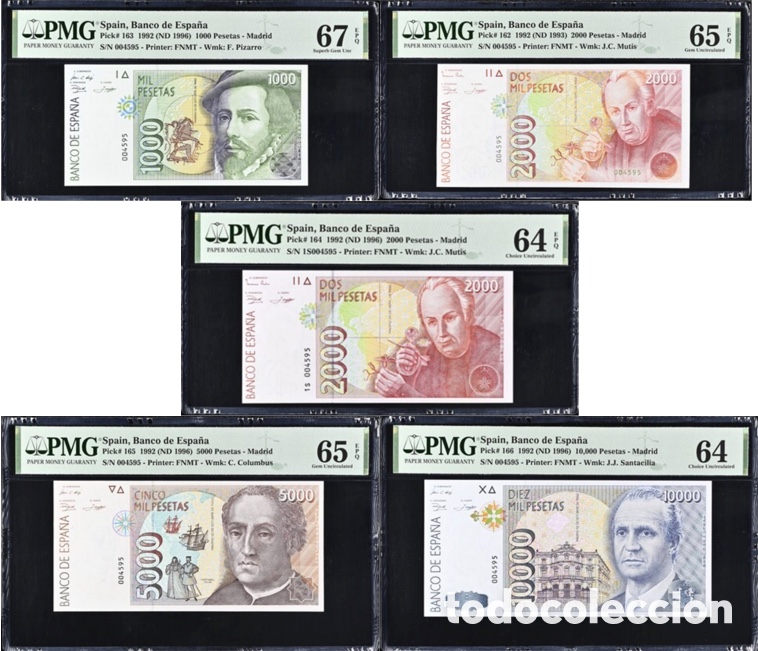 Billetes espa&ntilde;oles: Lote Billetes 1992 PMG Sin Serie Mismo N&uacute;mero