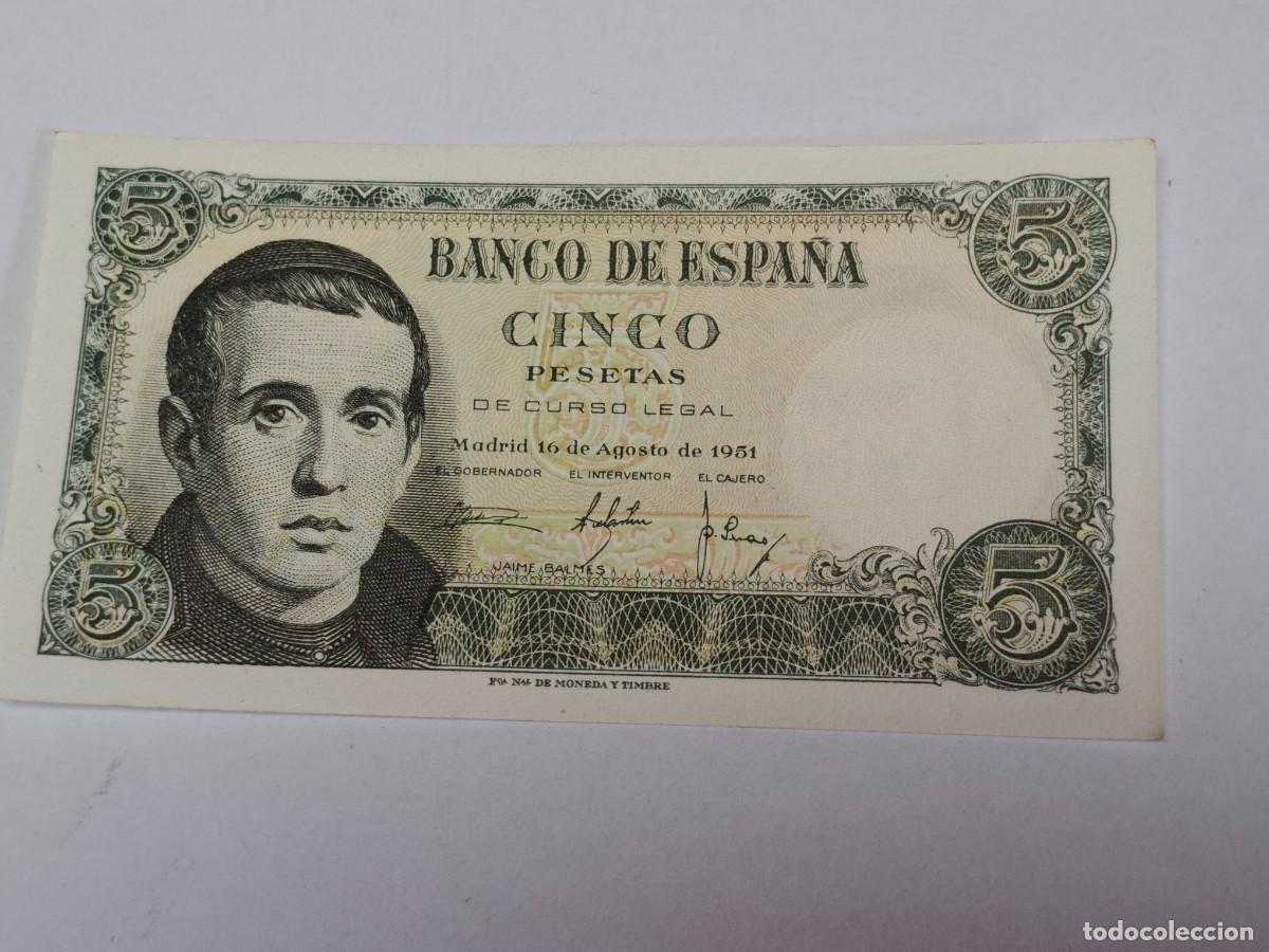 Billetes espa&ntilde;oles: Billete de CINCO PESETAS del 16 de Agosto de 1951 BANCO DE ESPA&Ntilde;A con serie 1G, en PLANCHA