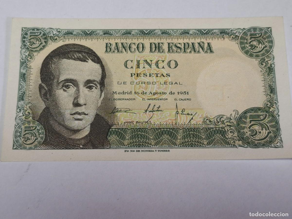 Billetes espa&ntilde;oles: Billete de CINCO PESETAS del 16 de Agosto de 1951 BANCO DE ESPA&Ntilde;A con serie J , en PLANCHA