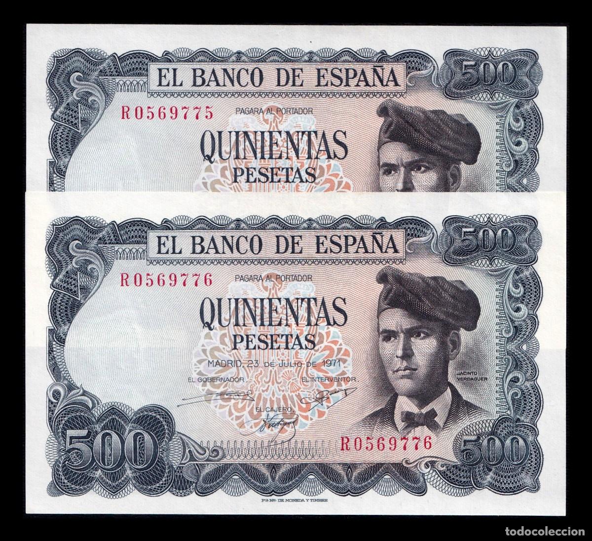 Billetes espa&ntilde;oles: Espa&ntilde;a Pareja Correlativa 500 Pesetas Verdaguer 1971 Pick 153r Serie R Sc Unc