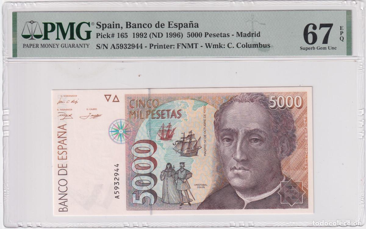 Billetes espa&ntilde;oles: PAREJA 5000 pesetas ESPA&Ntilde;A 1992 COLON - Serie A PMG 67 EPQ