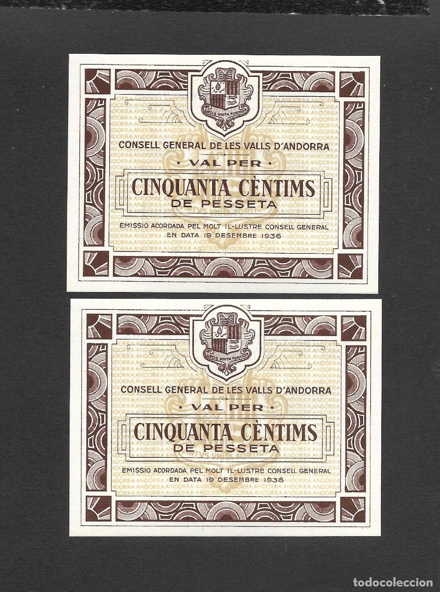 Notas espanholas: ANDORRA PAREJA CORRELATIVA 50 CENTIMOS 1936 S/C