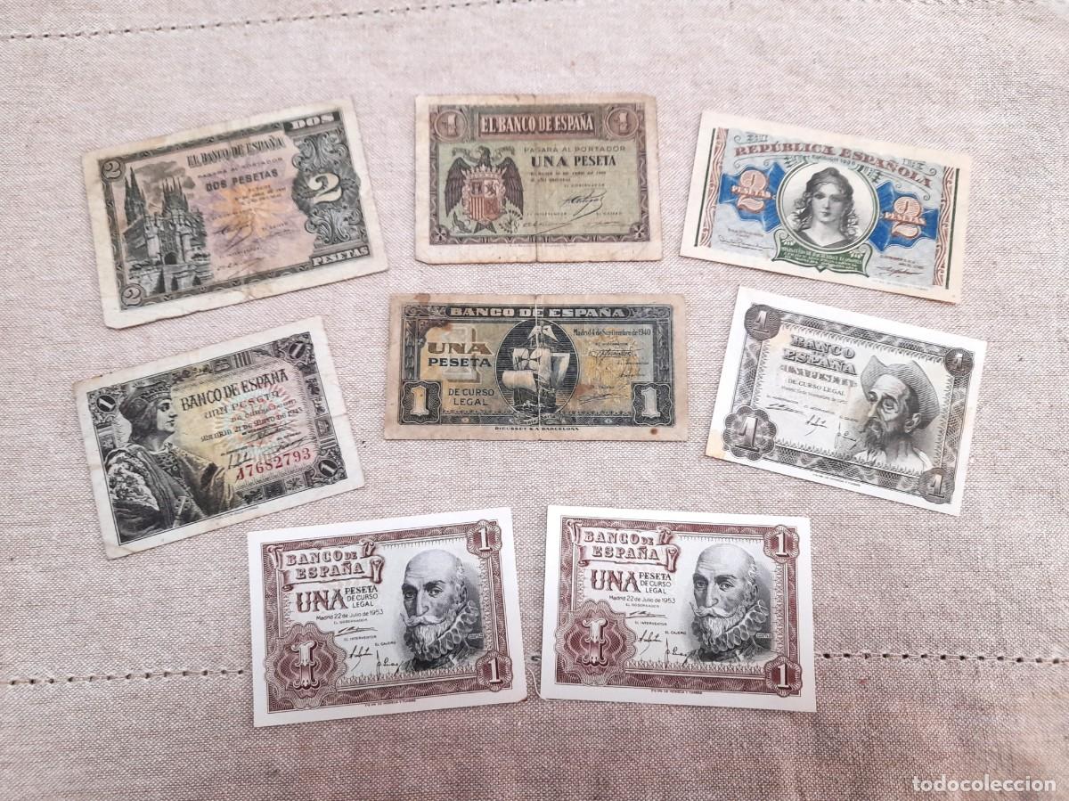 Billetes espa&ntilde;oles: 8 billetes de 1 y 2 Pesetas varios a&ntilde;os.