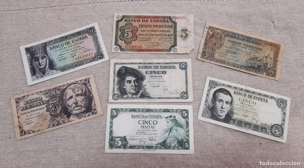 Billetes espa&ntilde;oles: 7 billetes de 5 Pesetas varios a&ntilde;os.