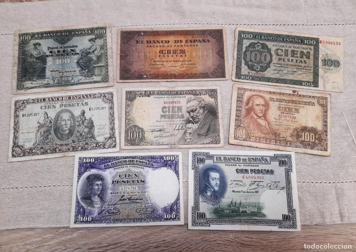 Billetes espa&ntilde;oles: 8 billetes de 100 Pesetas varios a&ntilde;os.