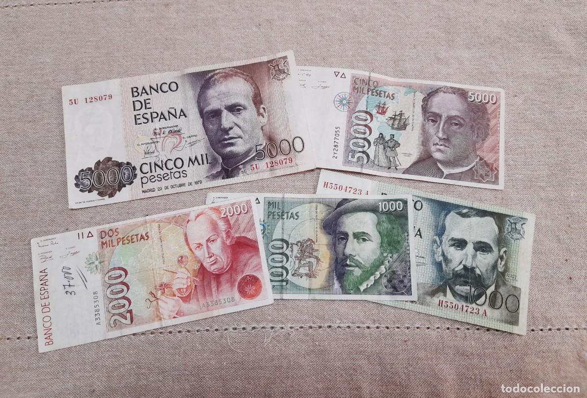 Billetes espa&ntilde;oles: 5 billetes de 1000, 2000 y 5000 Pesetas varios a&ntilde;os.