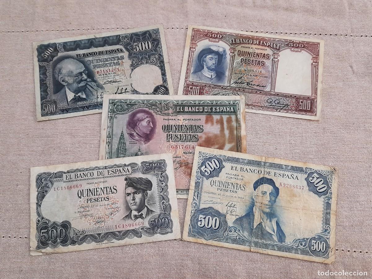 Billetes espa&ntilde;oles: 5 billetes de 500 Pesetas varios a&ntilde;os.