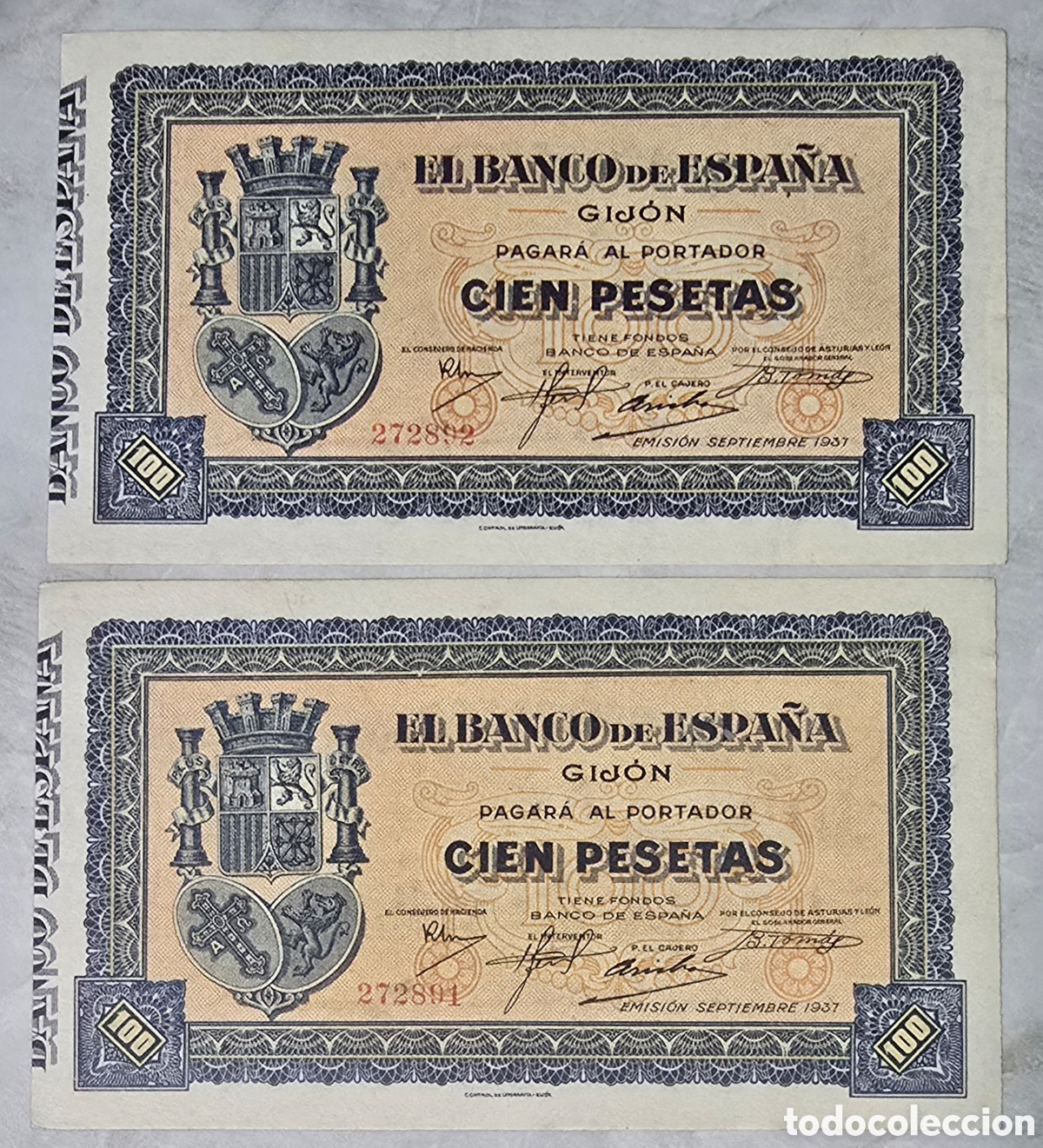 Billetes espa&ntilde;oles: PAREJA CORRELATIVA BILLETE S 100 PESETAS GIJON/1937/PLANCHA