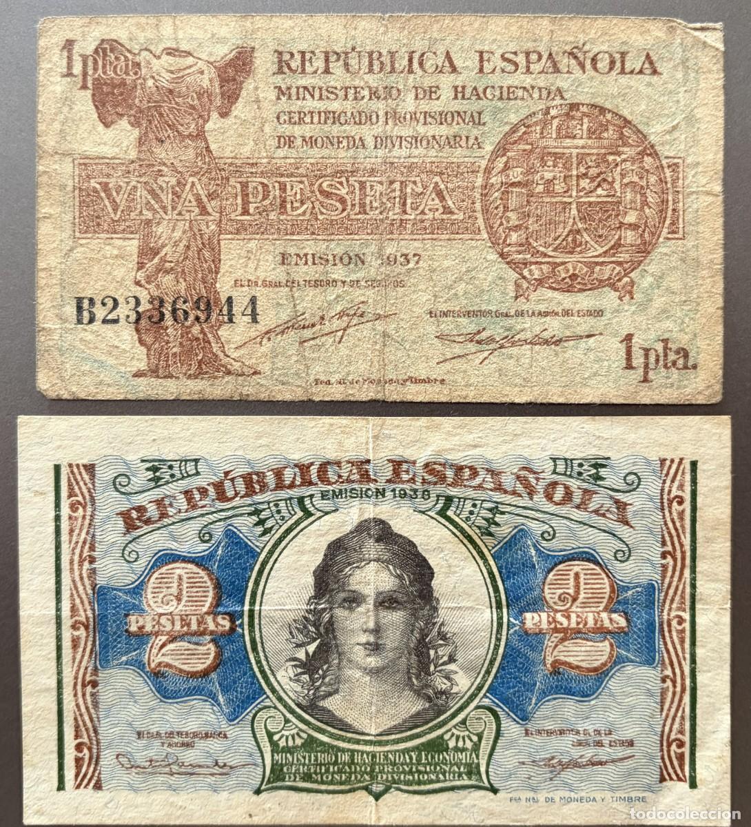 Billetes espa&ntilde;oles: BN051, ESPA&Ntilde;A, REPUBLICA, 1, 2 PESETAS, 1937, 1938