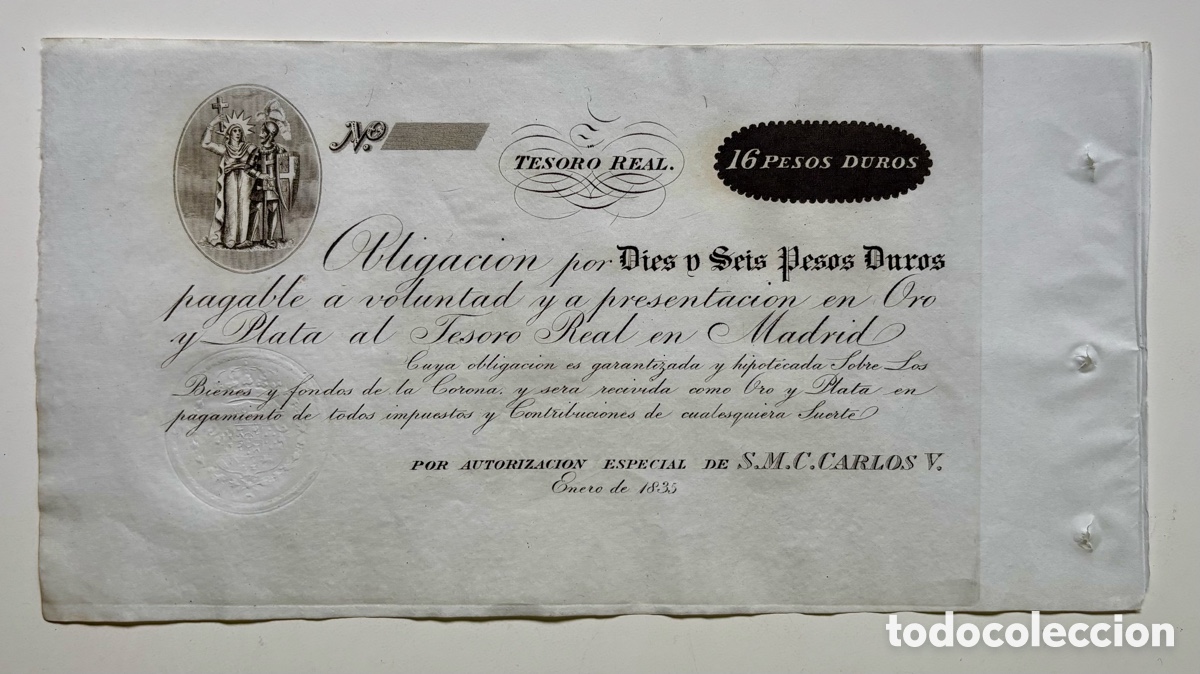 Billetes espa&ntilde;oles: Billete 16 Pesos Duros 1835 Tesoro Real CARLOS V