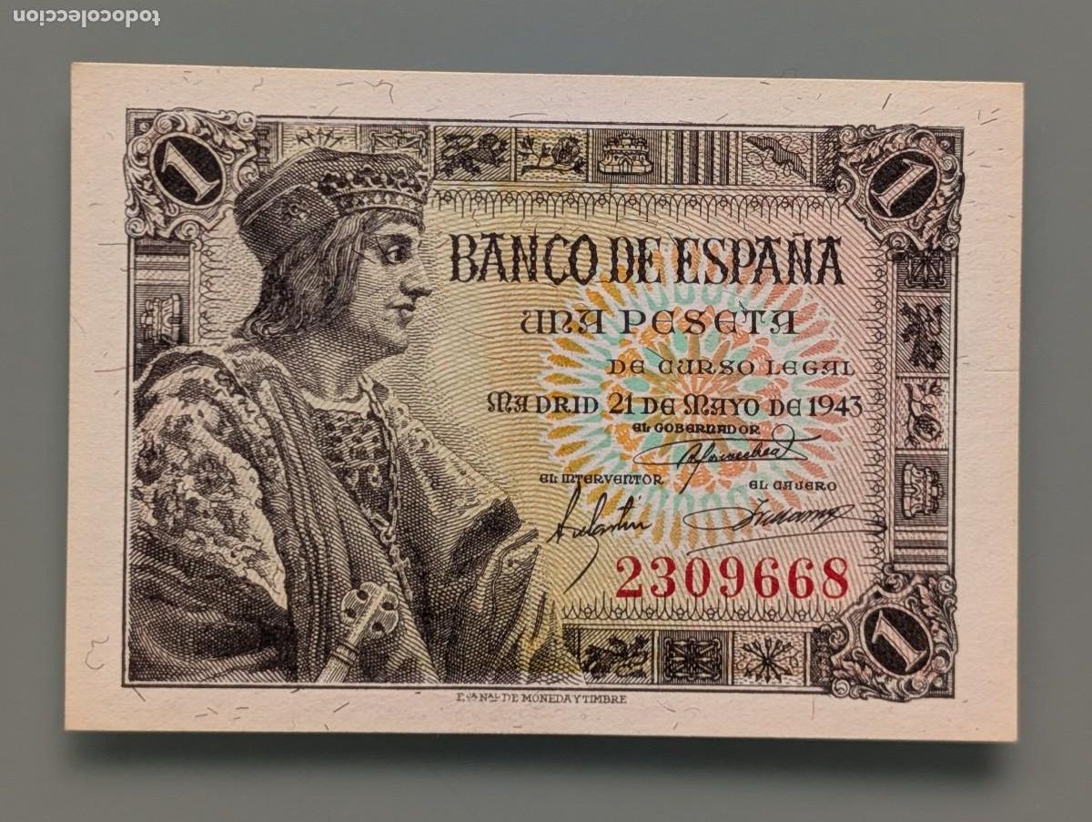 Billetes espa&ntilde;oles: BILLETE NUEVO PLANCHA 1 UNA PESETA BANCO ESPA&Ntilde;A 1943 SIN SERIE REY FERNANDO EL CATOLICO S/C