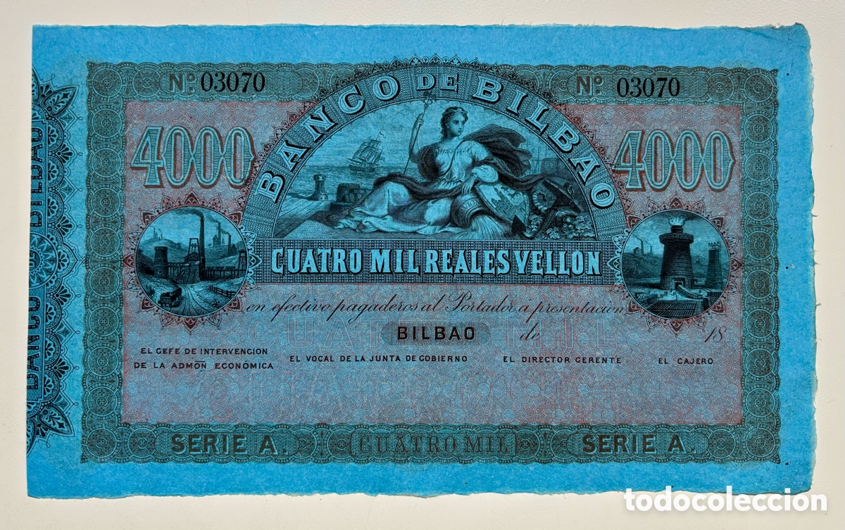 Billetes espa&ntilde;oles: Billete 4000 Reales Vell&oacute;n BANCO BILBAO. SC Sin Matriz Sin Firmas. Serie A