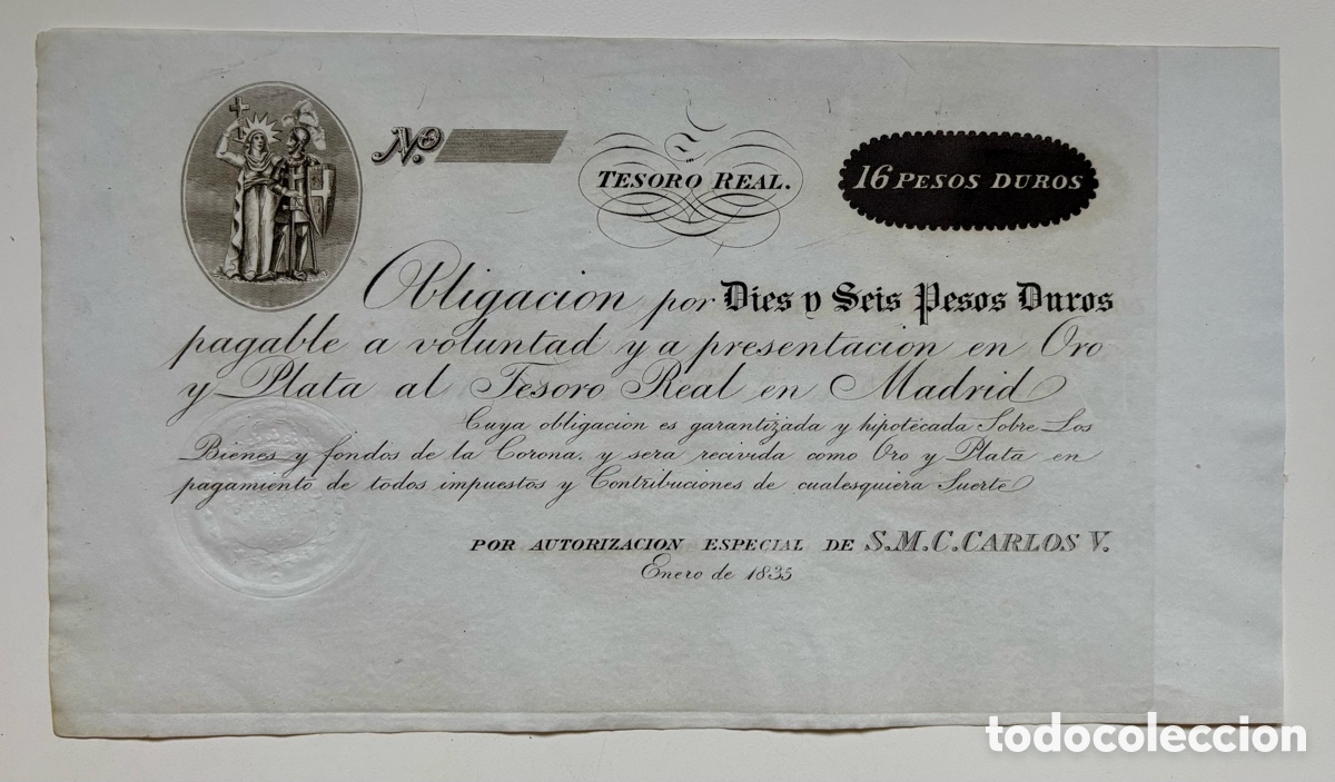 Billetes espa&ntilde;oles: Billete 16 Pesos Duros 1835 Tesoro Real CARLOS V